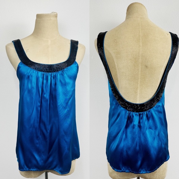 Yumi Kim Vintage Silk Sleeveless Beaded stop Open Back Blue Black - Picture 1 of 6